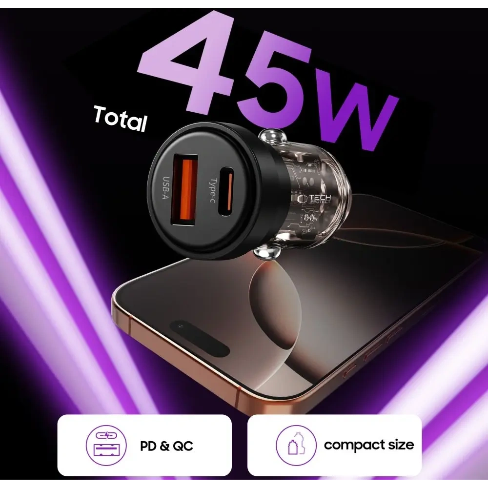 Wholesale Tech-Protect CC03 2-port Car Charger USB-A, USB-C PD 45W / QC 3.0 Black - THP4076 - {ean13} - Hurt
