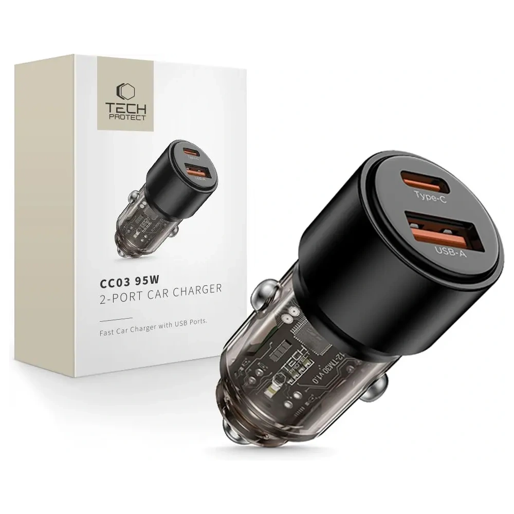 Hurtownia GSM - Tech-Protect CC03 2-portos autós töltő USB-A, USB-C PD 95W / QC 3.0 Fekete - THP4077 - {ean13} - Hurt