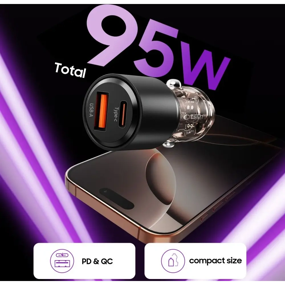 Hurtownia GSM - Tech-Protect CC03 2-portos autós töltő USB-A, USB-C PD 95W / QC 3.0 Fekete - THP4077 - {ean13} - Hurt