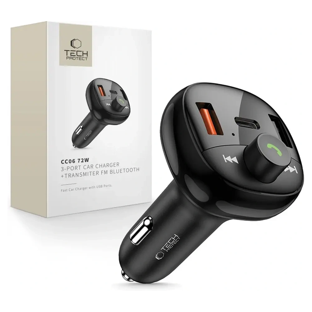 Hurtownia GSM - Tech-Protect CC06 3-Port-Autoladegerät 2xUSB-A, USB-C PD 72W + FM Bluetooth Transmitter Schwarz - THP4078 - {ean13} - Hurt