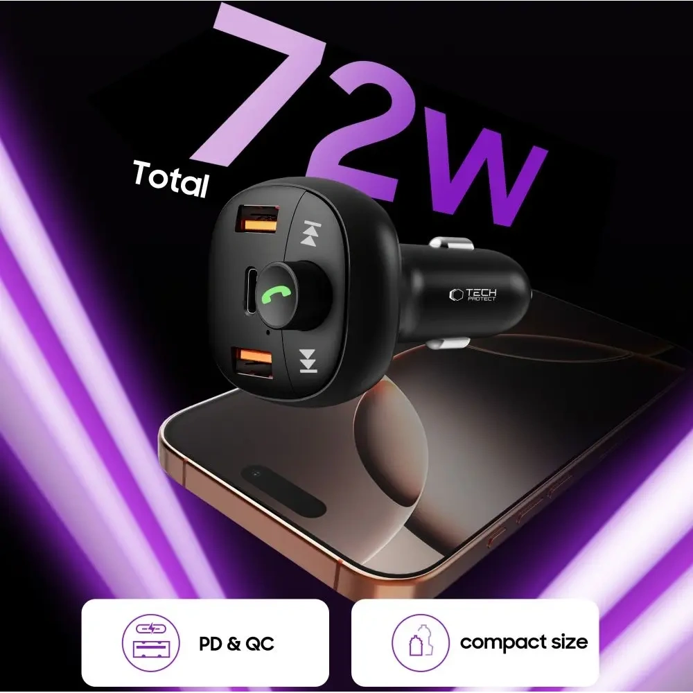 Hurtownia GSM - Tech-Protect CC06 3-Port-Autoladegerät 2xUSB-A, USB-C PD 72W + FM Bluetooth Transmitter Schwarz - THP4078 - {ean13} - Hurt