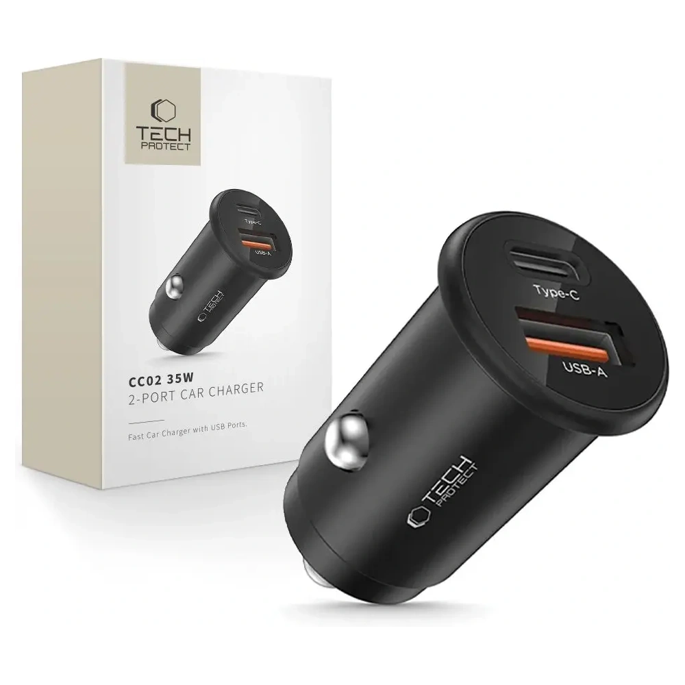Hurtownia GSM - Tech-Protect CC02 Încărcător auto cu 2 porturi USB-A, USB-C PD 35W / QC 3.0 Negru - THP4079 - {ean13} - Hurt