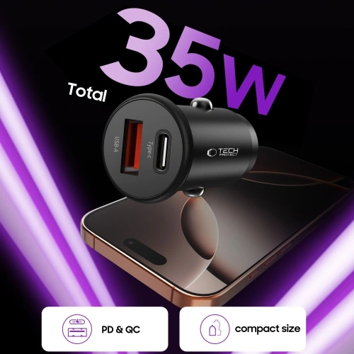 Ładowarka samochodowa Tech-Protect CC02 2-port Car Charger USB-A, USB-C PD 35W / QC 3.0 Black