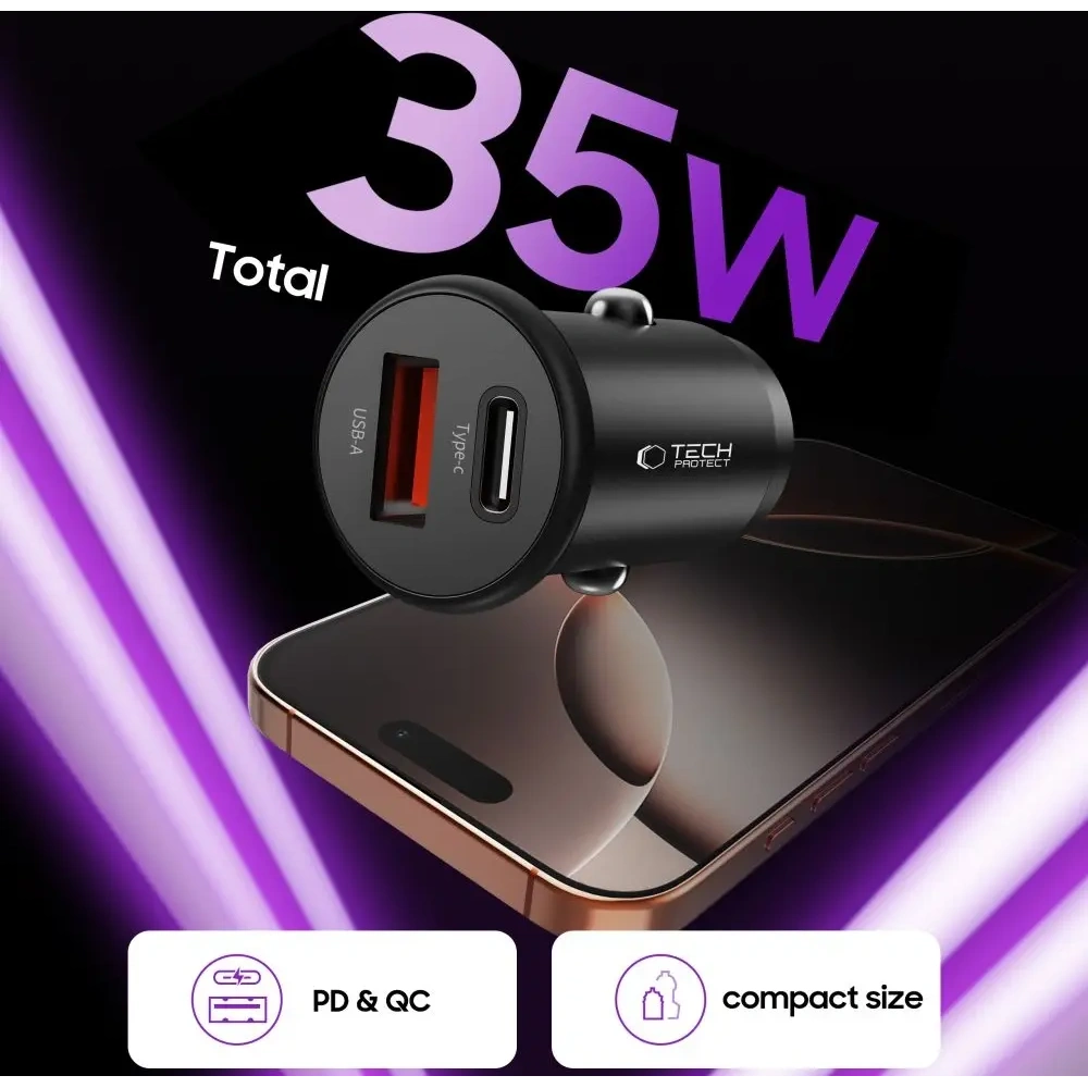 Hurtownia GSM - Tech-Protect CC02 Încărcător auto cu 2 porturi USB-A, USB-C PD 35W / QC 3.0 Negru - THP4079 - {ean13} - Hurt