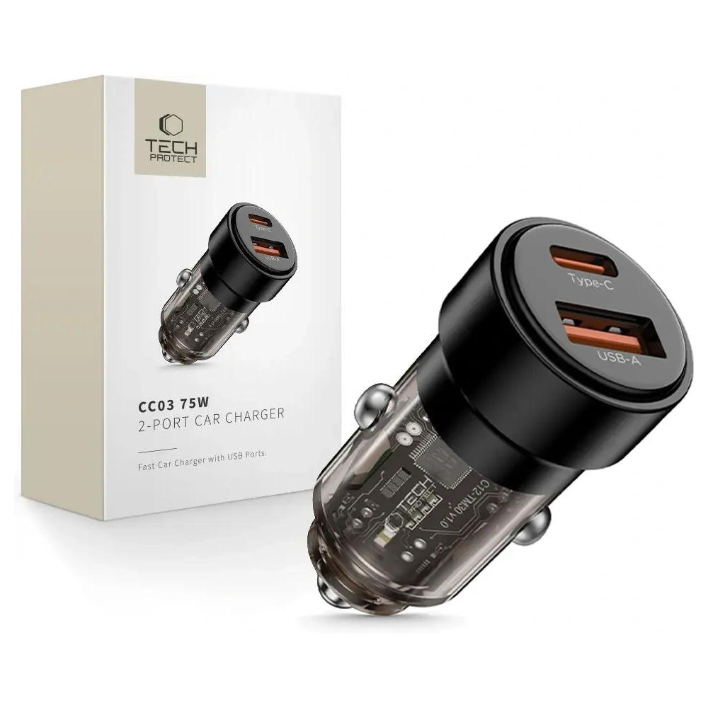 Hurtownia GSM - Tech-Protect Încărcător auto CC03 cu 2 porturi USB-A, USB-C PD 75W Negru - THP4080 - {ean13} - Hurt