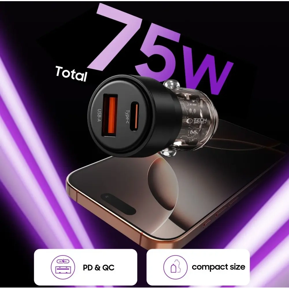 Hurtownia GSM - Tech-Protect Încărcător auto CC03 cu 2 porturi USB-A, USB-C PD 75W Negru - THP4080 - {ean13} - Hurt