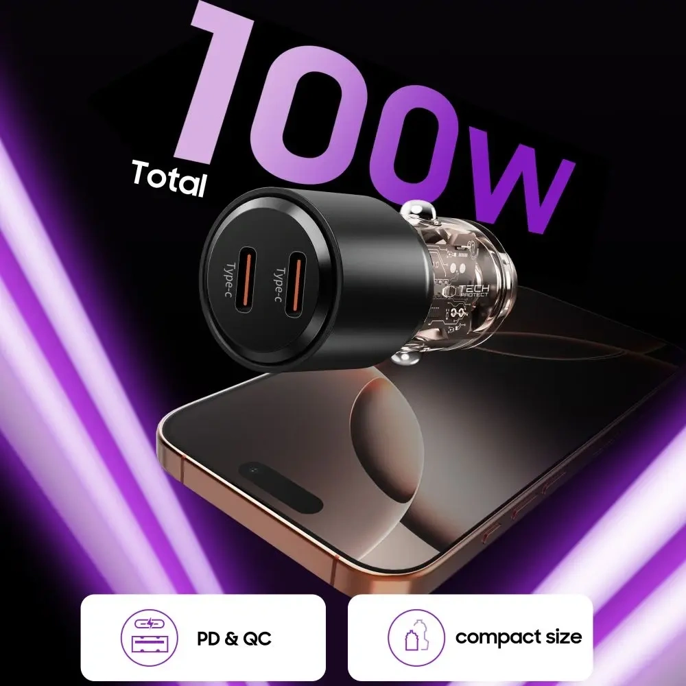 Wholesale Tech-Protect CC03 2-port 2xUSB-C Car Charger PD 100W Black - THP4081 - {ean13} - Hurt