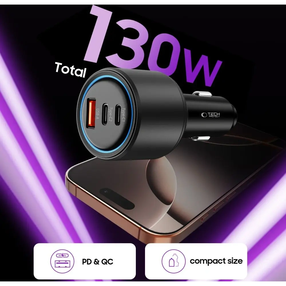 Wholesale Tech-Protect CC04 3-port Car Charger USB-A, 2xUSB-C PD 130W Black - THP4082 - {ean13} - Hurt