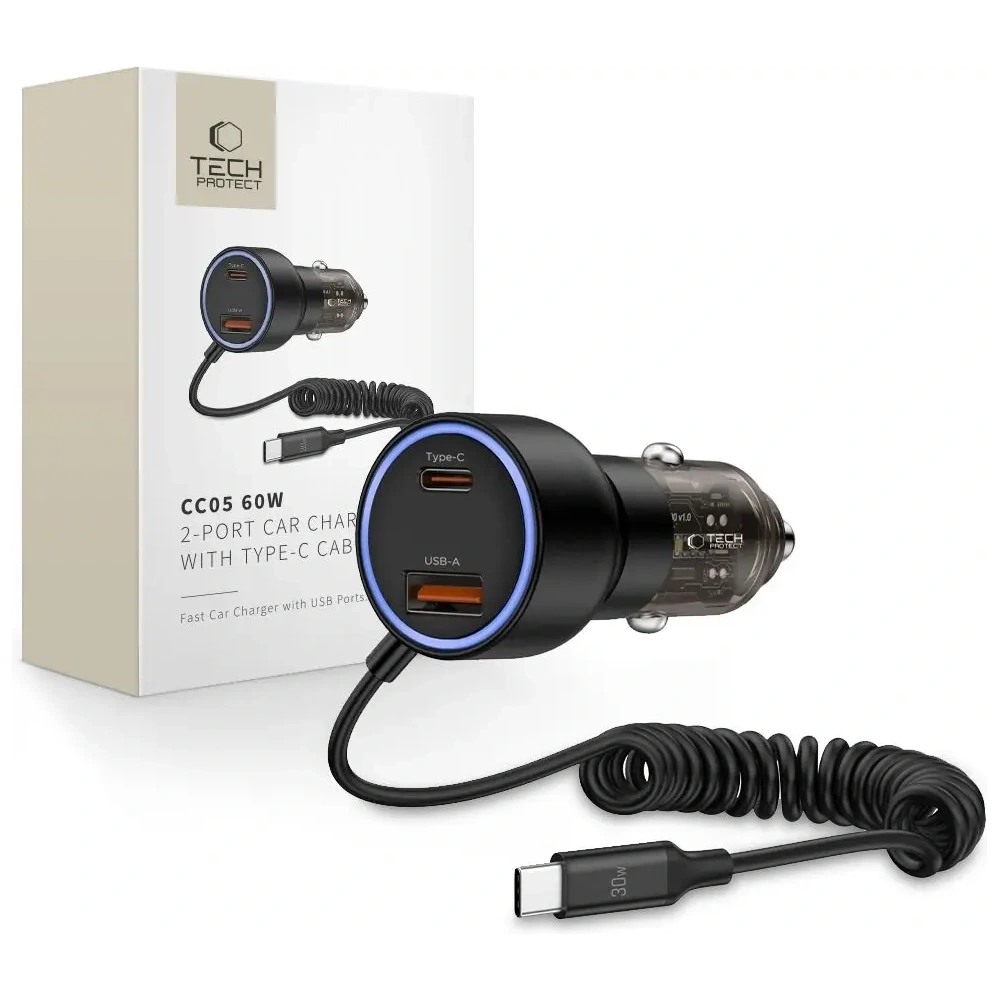 Wholesale Tech-Protect CC05 2-port Car Charger USB-A, USB-C PD 60W + USB-C Cable Black - THP4084 - {ean13} - Hurt