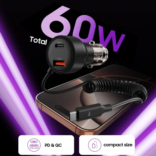 Ładowarka samochodowa Tech-Protect CC05 2-port Car Charger USB-A, USB-C PD 60W + USB-C Cable Black