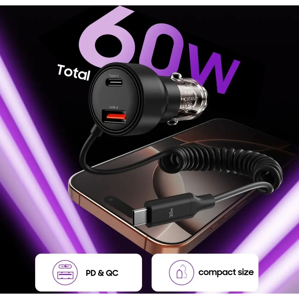 Hurtownia GSM - Tech-Protect CC05 2-Port-Autoladegerät USB-A, USB-C PD 60W + USB-C-Kabel Schwarz - THP4084 - {ean13} - Hurt
