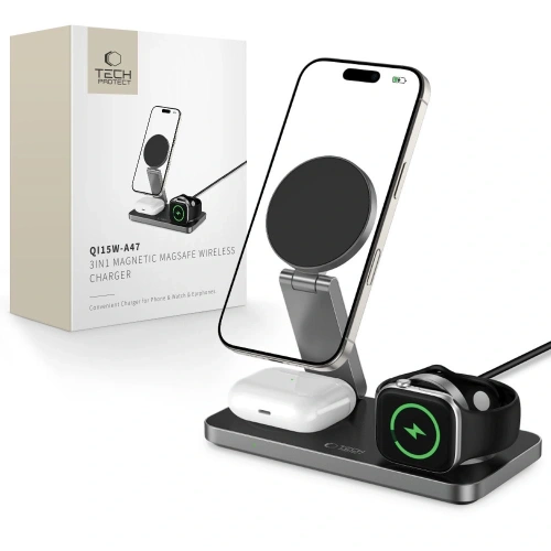 Ładowarka bezprzewodowa 3w1 Tech-Protect QI15W-A47 3in1 Magnetic MagSafe Wireless Charger Black