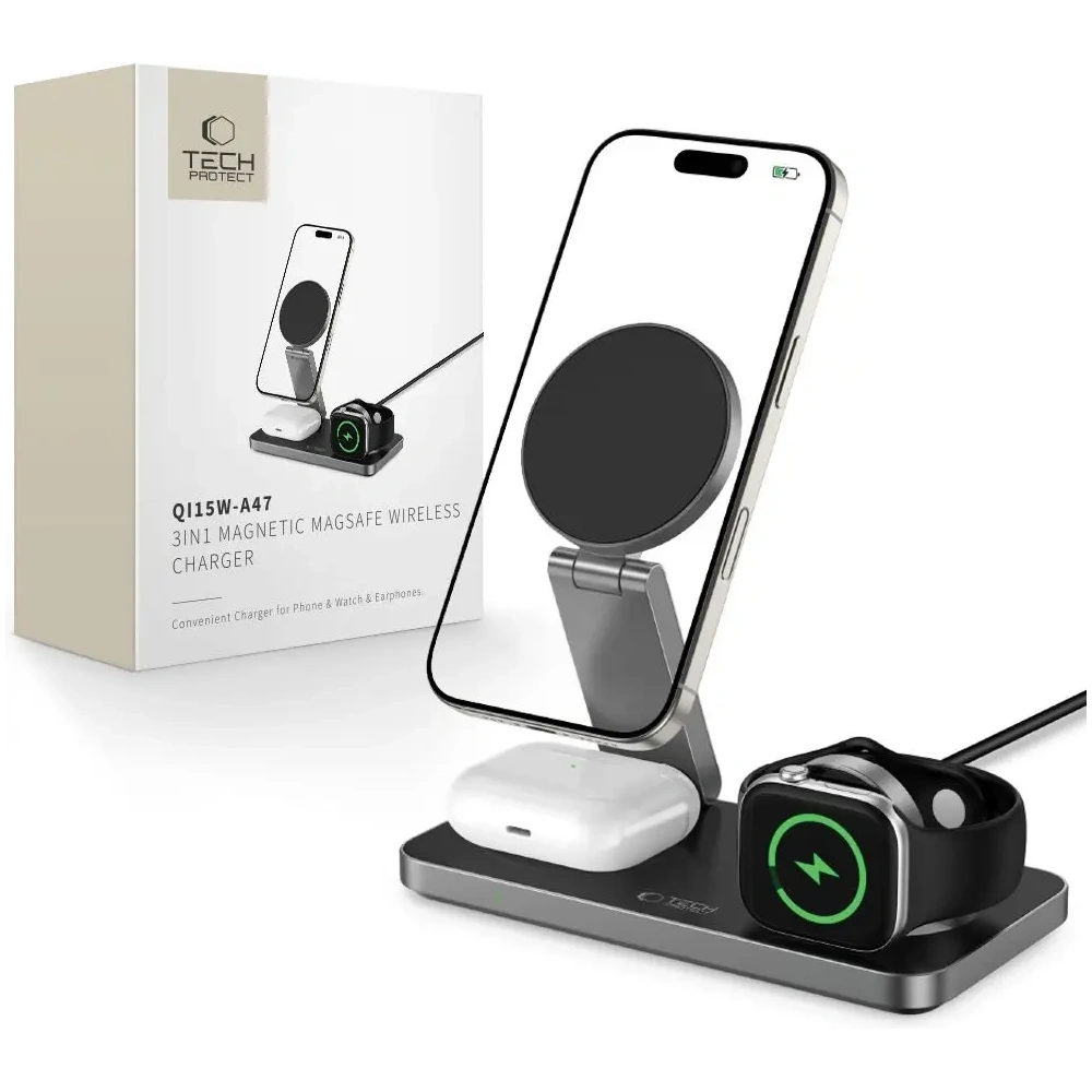 Hurtownia GSM - Vezeték nélküli töltő 3w1 Tech-Protect QI15W-A47 3in1 Magnetic MagSafe vezeték nélküli töltő Fekete - THP4098 - {ean13} - Hurt