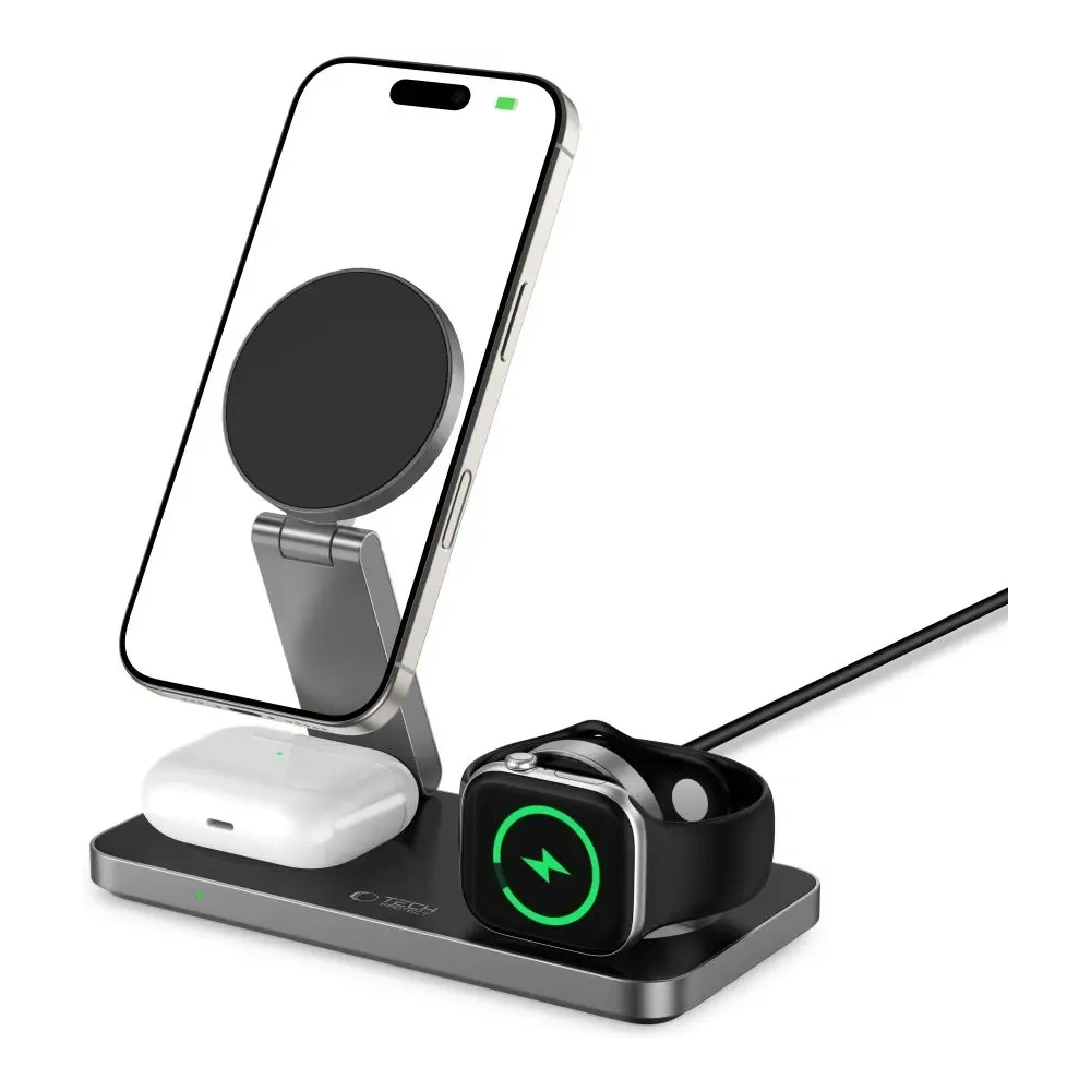 Hurtownia GSM - Vezeték nélküli töltő 3w1 Tech-Protect QI15W-A47 3in1 Magnetic MagSafe vezeték nélküli töltő Fekete - THP4098 - {ean13} - Hurt