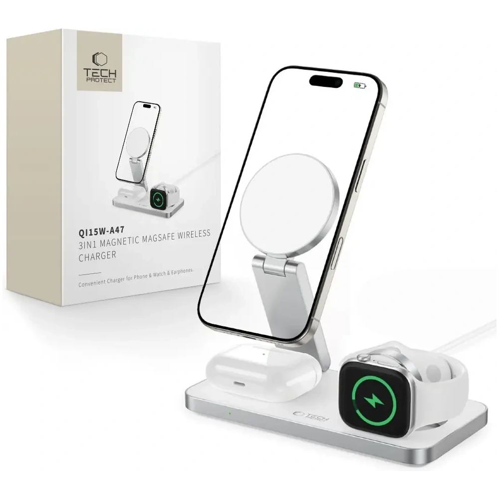 Hurtownia GSM - Bezdrátová nabíječka 3w1 Tech-Protect QI15W-A47 3in1 Magnetic MagSafe Wireless Charger White - THP4099 - {ean13} - Hurt