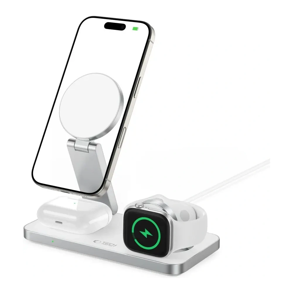 Hurtownia GSM - Vezeték nélküli töltő 3w1 Tech-Protect QI15W-A47 3in1 Magnetic MagSafe Wireless Charger White - THP4099 - {ean13} - Hurt