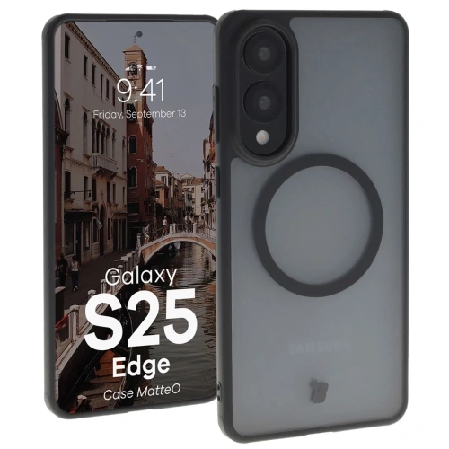 Etui z pierścieniem magnetycznym Bizon Case MatteO do Samsung Galaxy S25 Edge przydymione-czarne