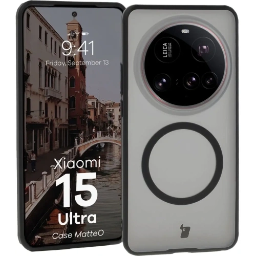 Etui z pierścieniem magnetycznym Bizon Case MatteO do Xiaomi 15 Ultra przydymione-czarne
