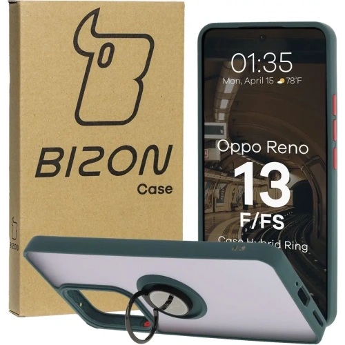 Etui z uchwytem na palec Bizon Case Hybrid Ring do Oppo Reno13 F / FS przydymione z ciemnozieloną ramką