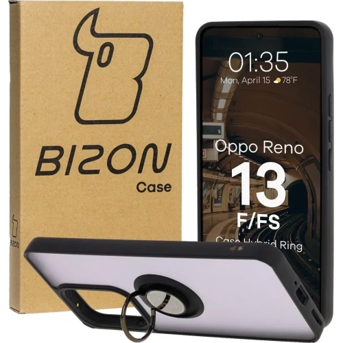 Etui z uchwytem na palec Bizon Case Hybrid Ring do Oppo Reno13 F / FS przydymione z czarną ramką