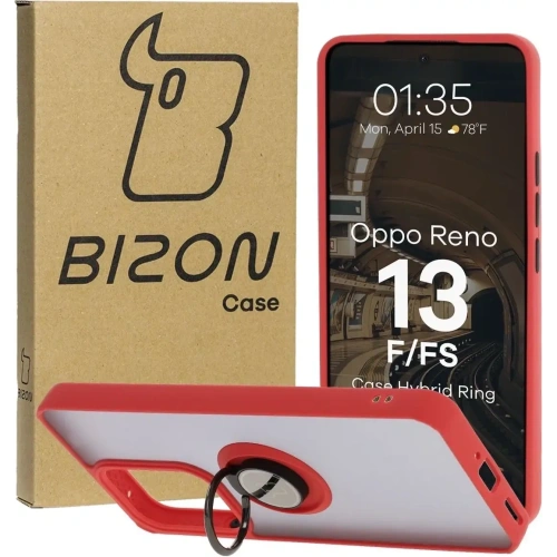 Etui z uchwytem na palec Bizon Case Hybrid Ring do Oppo Reno13 F / FS przydymione z czerwoną ramką