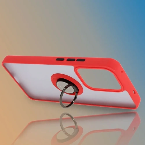 Etui z uchwytem na palec Bizon Case Hybrid Ring do Oppo Reno13 F / FS przydymione z czerwoną ramką