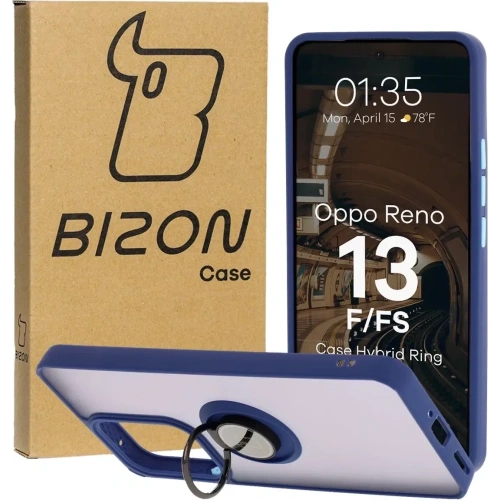 Etui z uchwytem na palec Bizon Case Hybrid Ring do Oppo Reno13 F / FS przydymione z granatową ramką