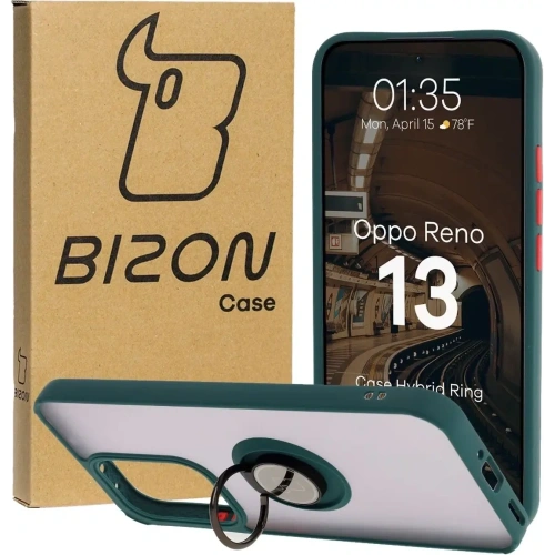 Etui z uchwytem na palec Bizon Case Hybrid Ring do Oppo Reno13 przydymione z ciemnozieloną ramką