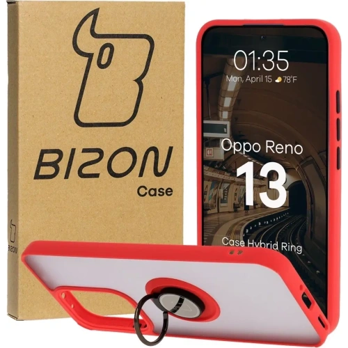 Etui z uchwytem na palec Bizon Case Hybrid Ring do Oppo Reno13 przydymione z czerwoną ramką