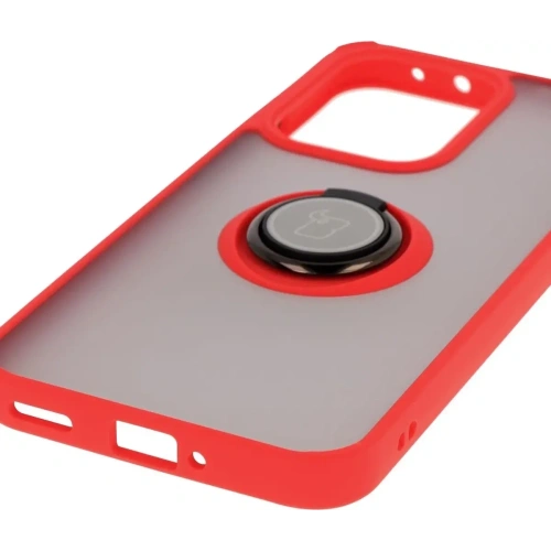 Etui z uchwytem na palec Bizon Case Hybrid Ring do Oppo Reno13 przydymione z czerwoną ramką
