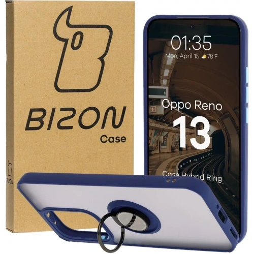 Etui z uchwytem na palec Bizon Case Hybrid Ring do Oppo Reno13 przydymione z granatową ramką