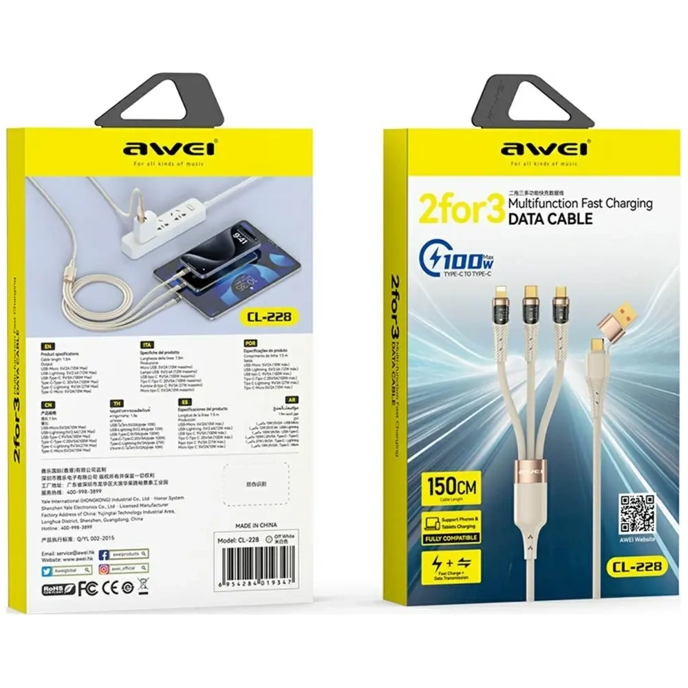 Wholesale AWEI CL-228 USB-A, USB-C / USB-C, Lightning, microUSB black cable - AWEI247 - {ean13} - Hurt