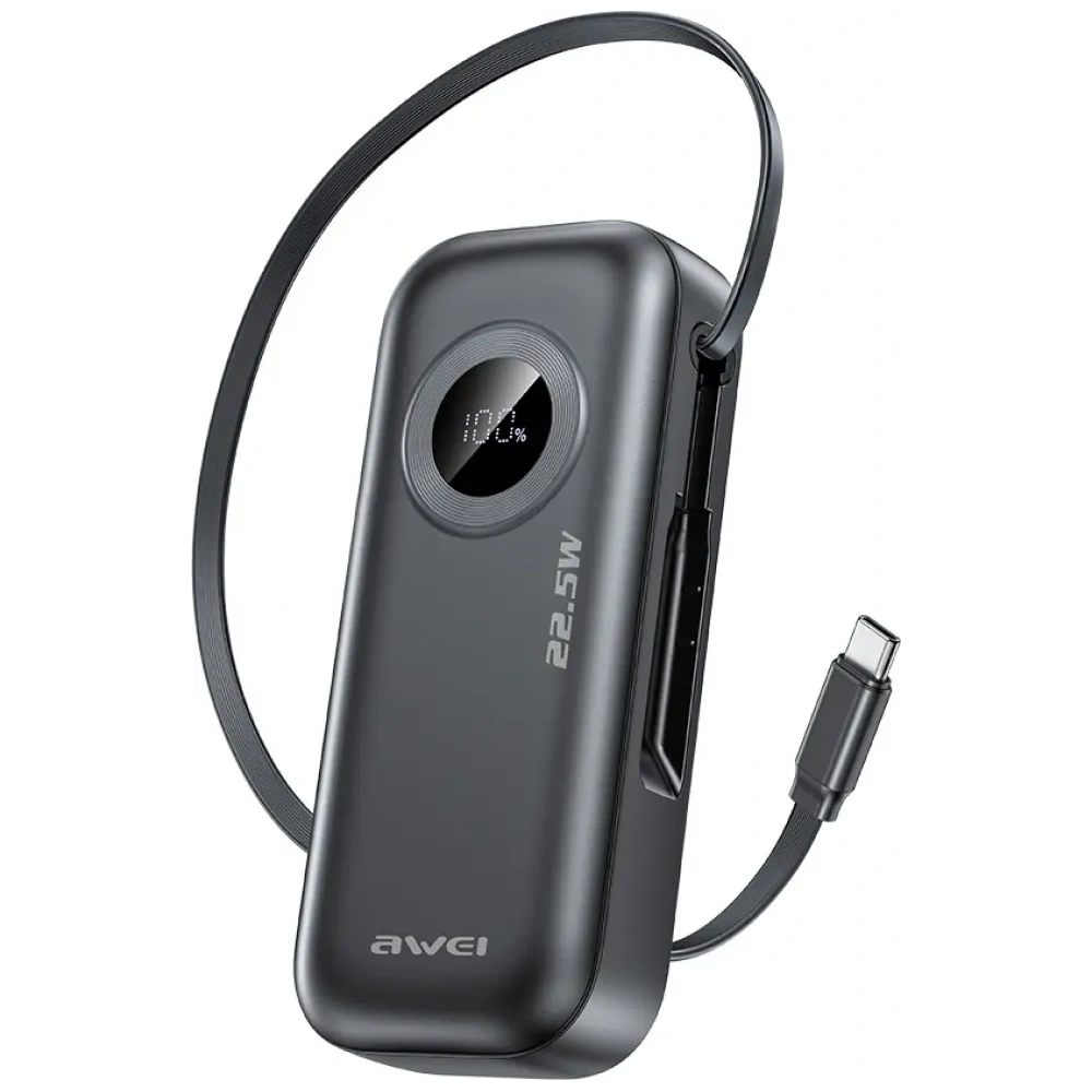 Hurtownia GSM - AWEI PA-9 10000mAh 22.5W hordozható töltő, leválasztható USB-C kábellel, fekete színben - AWEI249 - {ean13} - Hurt