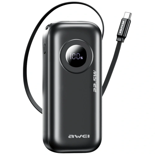 Powerbank AWEI PA-9 10000mAh 22.5W z wyciąganym kablem USB-C czarny