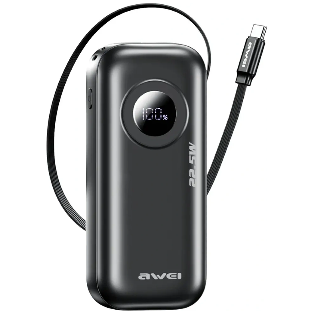 Hurtownia GSM - AWEI PA-9 10000mAh 22.5W hordozható töltő, leválasztható USB-C kábellel, fekete színben - AWEI249 - {ean13} - Hurt