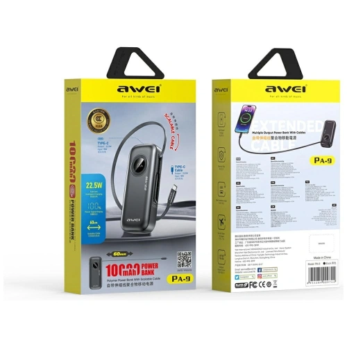 Powerbank AWEI PA-9 10000mAh 22.5W z wyciąganym kablem USB-C czarny
