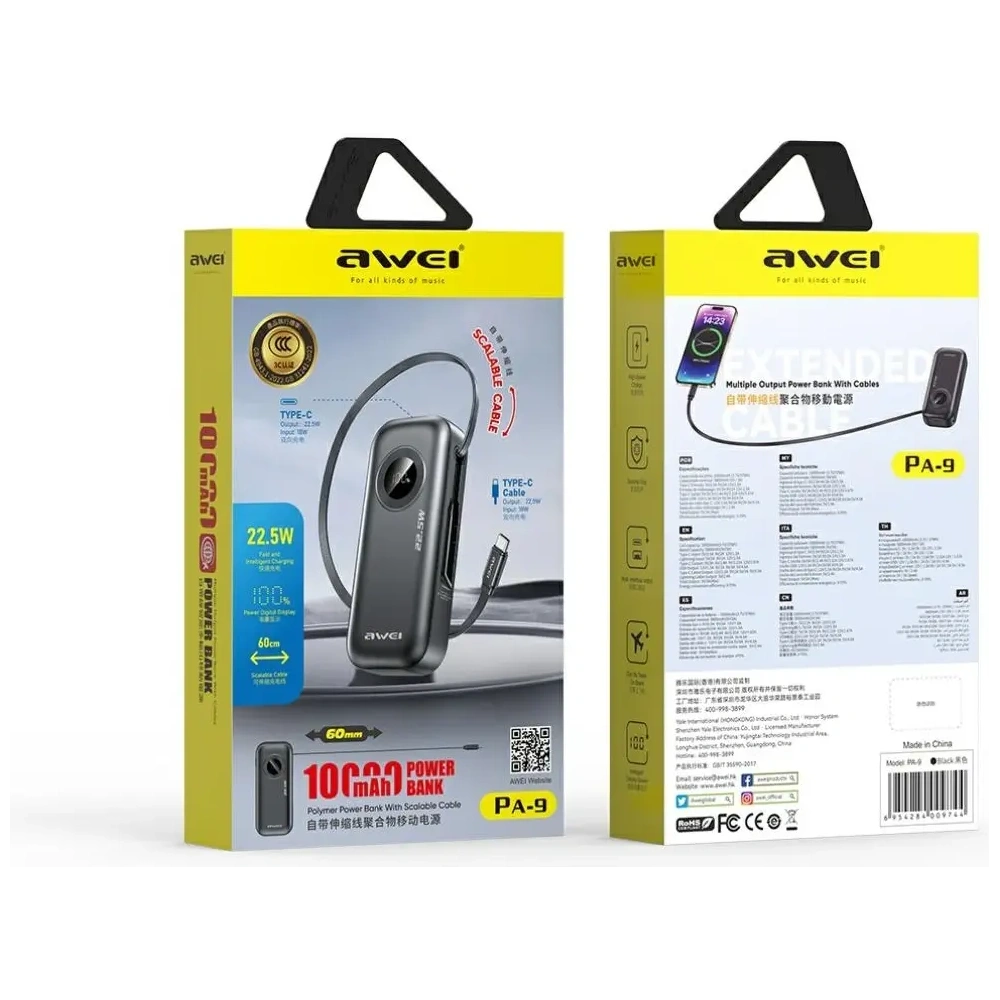 Hurtownia GSM - AWEI PA-9 10000mAh 22.5W hordozható töltő, leválasztható USB-C kábellel, fekete színben - AWEI249 - {ean13} - Hurt