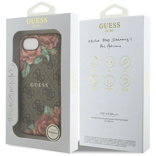 Etui Guess 4G Flowers Print MagSafe do Apple iPhone 16e brązowy