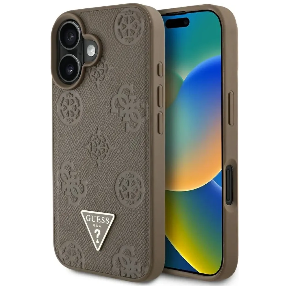 Hurtownia GSM - Guess Ražený Hot Stamp Pivoňka Trojúhelníkové Logo MagSafe Apple iPhone 16 hnědý - GUE4517 - {ean13} - Hurt