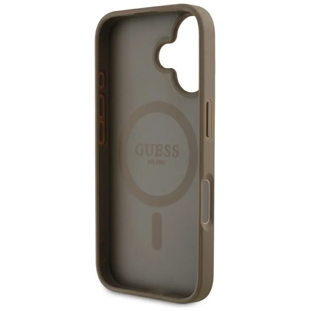 Hurtownia GSM - Guess Ražený Hot Stamp Pivoňka Trojúhelníkové Logo MagSafe Apple iPhone 16 hnědý - GUE4517 - {ean13} - Hurt