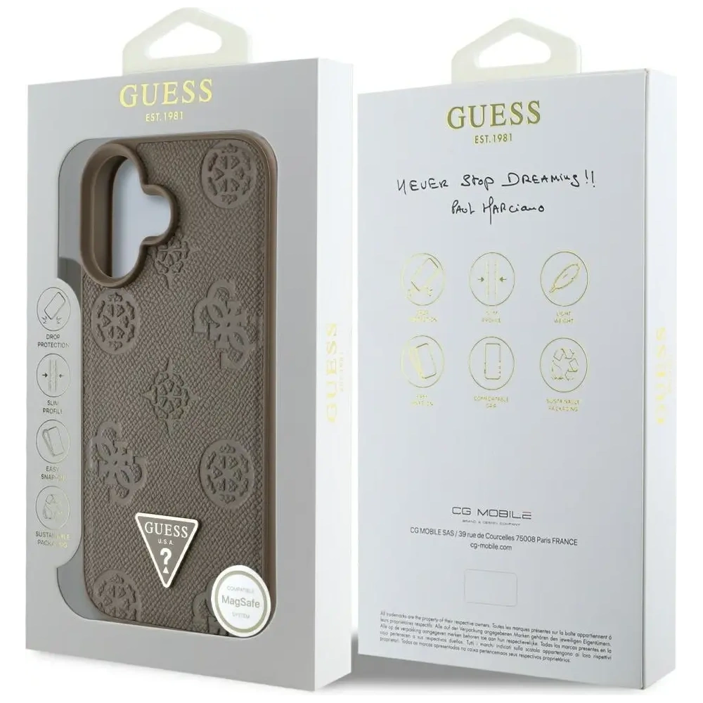 Hurtownia GSM - Guess Ražený Hot Stamp Pivoňka Trojúhelníkové Logo MagSafe Apple iPhone 16 hnědý - GUE4517 - {ean13} - Hurt