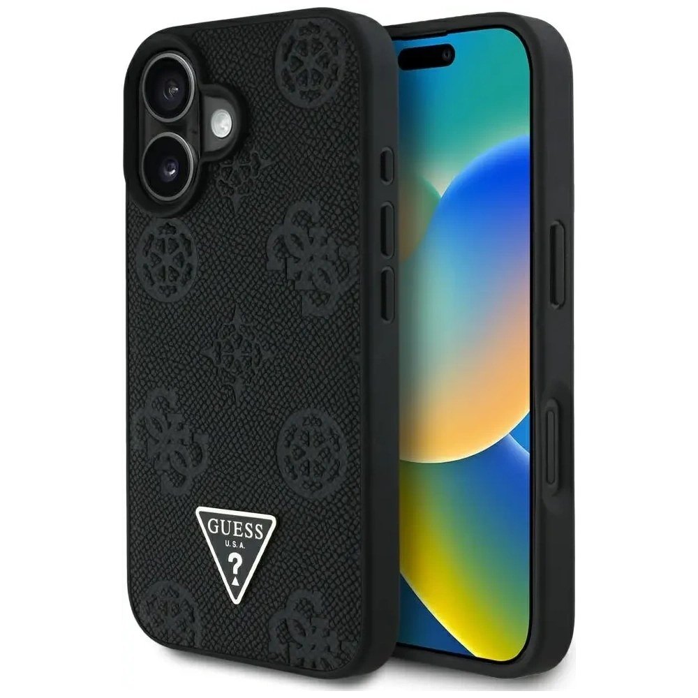 Wholesale Guess Grained Hot Stamp Peony Triangle Logo MagSafe Apple iPhone 16 black - GUE4518 - {ean13} - Hurt