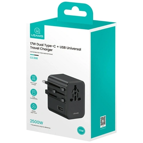 Ładowarka sieciowa USAMS Travel Adapter CC308 USB-C + USB-A 17W 4w1 US/AU/EU/UK czarny