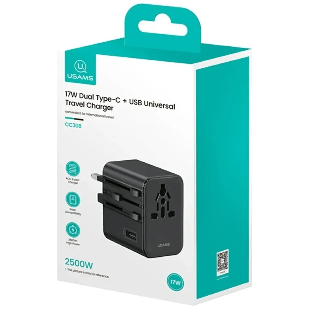 Hurtownia GSM - Adaptor de călătorie USAMS CC308 USB-C + USB-A 17W 4in1 US/AU/EU/UK negru - USA1232 - {ean13} - Hurt