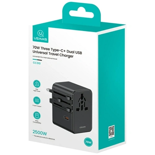 Ładowarka sieciowa USAMS Travel Adapter CC310 3xUSB-C 70W 4w1 US/AU/EU/UK czarny