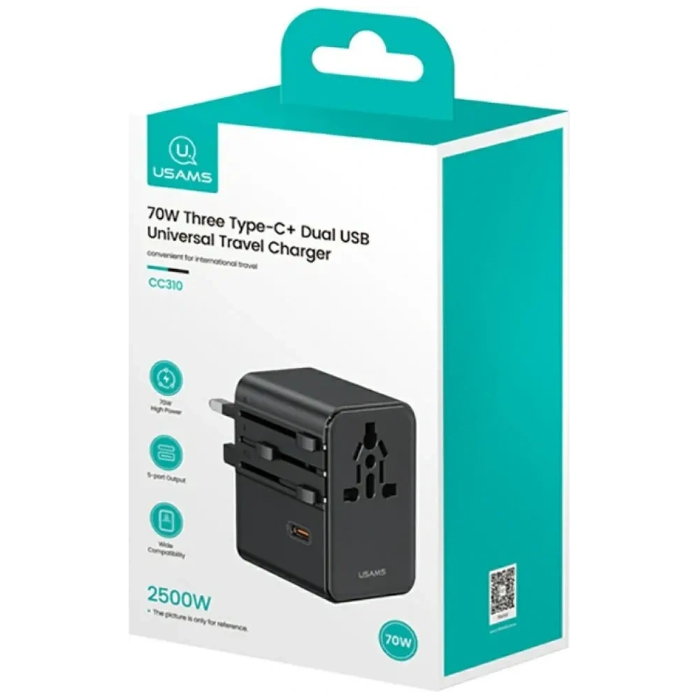 Hurtownia GSM - Adaptor de călătorie USAMS CC310 3xUSB-C 70W 4in1 US/AU/EU/UK negru - USA1233 - {ean13} - Hurt