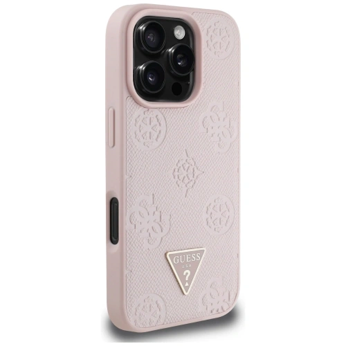 Etui Guess Grained Hot Stamp Peony Triangle Logo MagSafe do Apple iPhone 16 Pro różowy