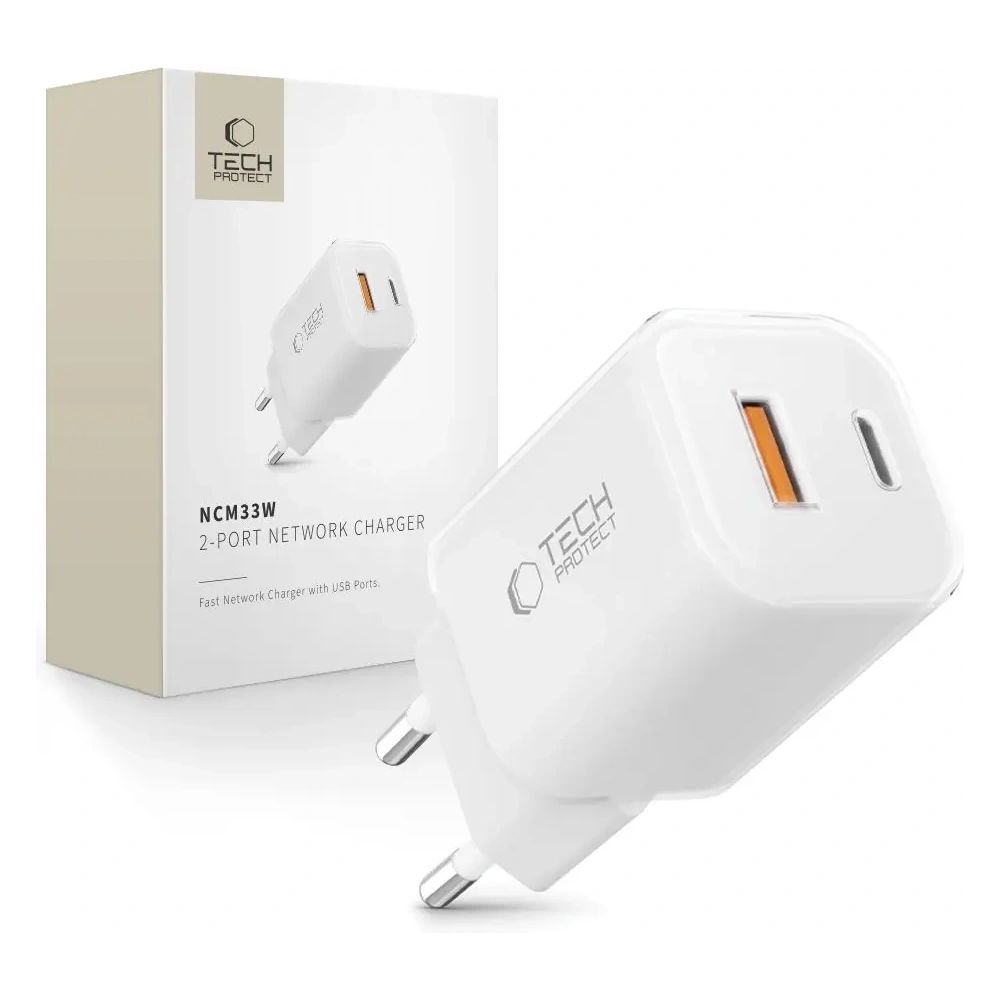 Hurtownia GSM - Tech-Protect NCM33W 2-portos USB-A, USB-C hálózati töltő PD 33W / QC3.0 Fehér - THP4120 - {ean13} - Hurt