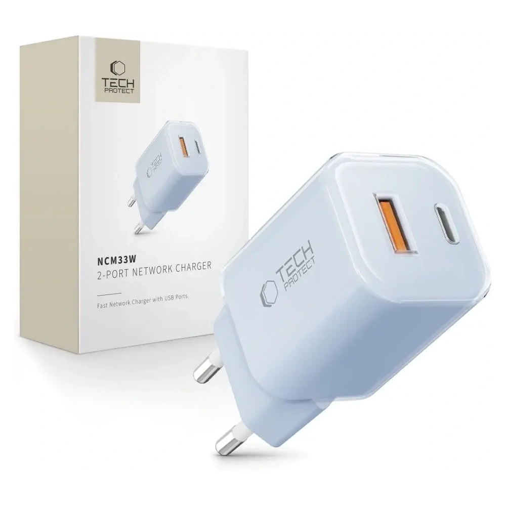 Hurtownia GSM - Tech-Protect NCM33W Încărcător de rețea cu 2 porturi USB-A, USB-C PD 33W / QC3.0 Albastru deschis - THP4121 - {ean13} - Hurt