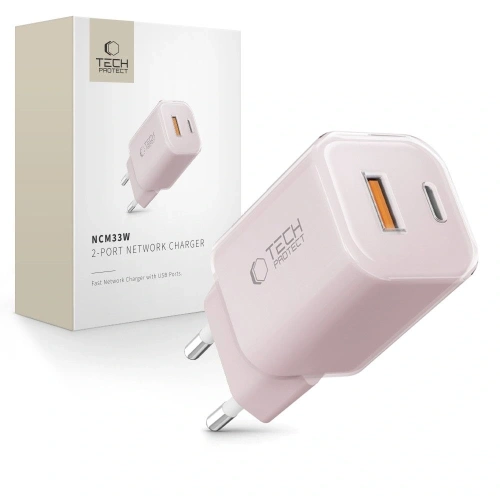 Ładowarka sieciowa Tech-Protect NCM33W 2-port USB-A, USB-C Network Charger PD 33W / QC3.0 Baby Pink